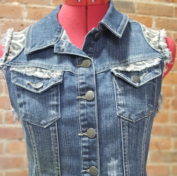 reFabjack denim vest with leopard denim trim - Picture 1 of 8